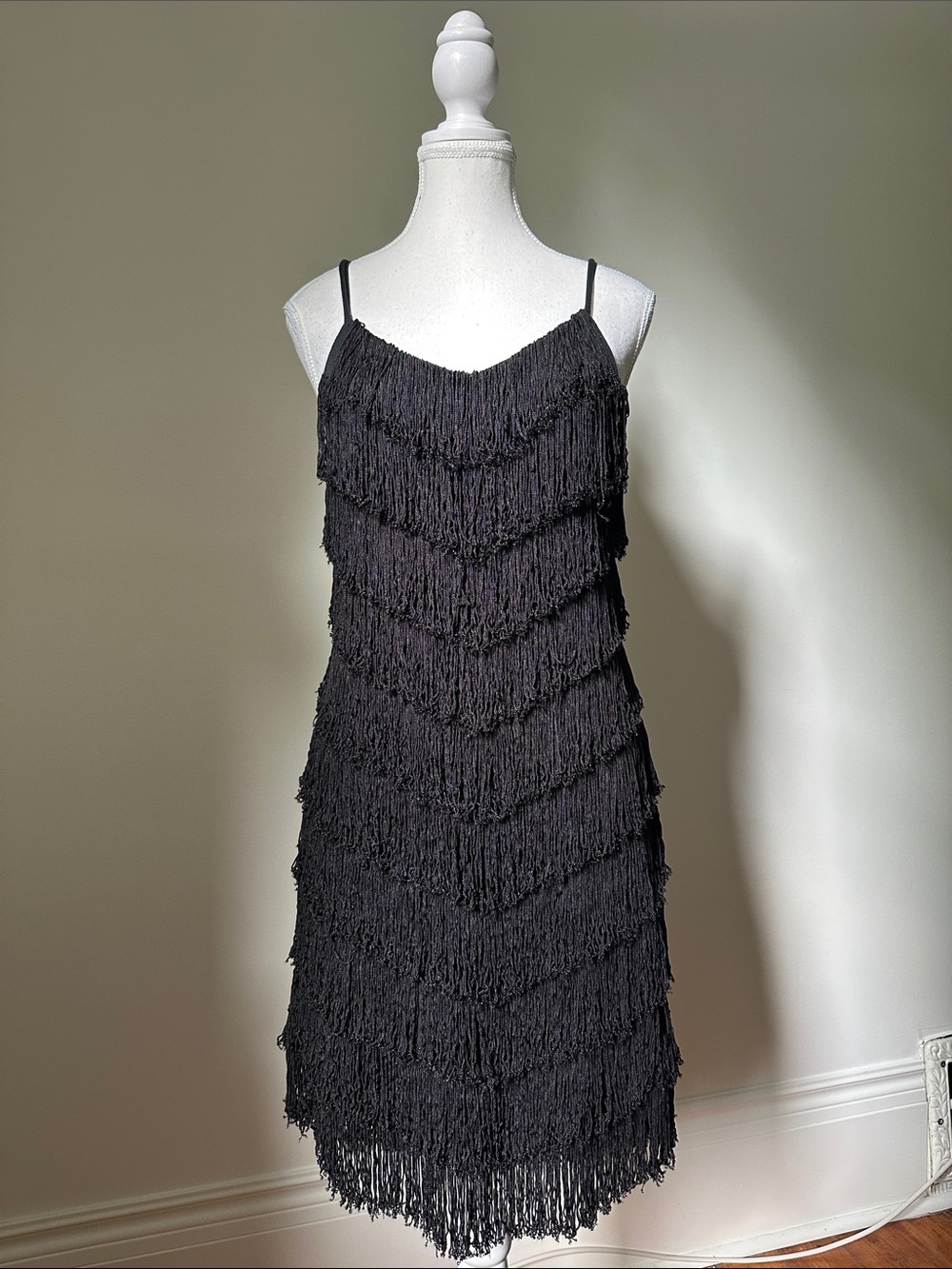 LE CHATEAU Vintage Black Tiered Full Fringe Flapper Party Wedding Dress Small